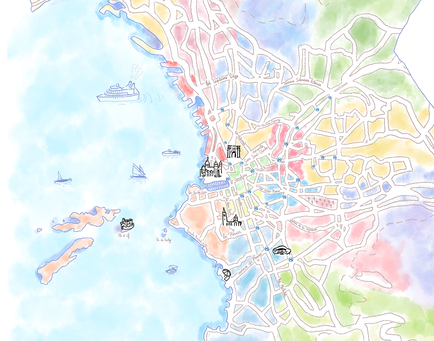 Carte de Marseille à l’aquarelle