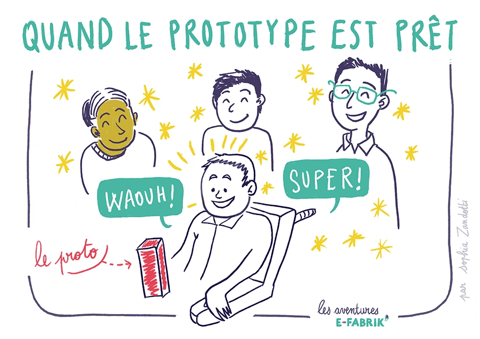 prototype qui fonctionne, dessin au trait noir, freelance efabrik, anecdotes dessinées